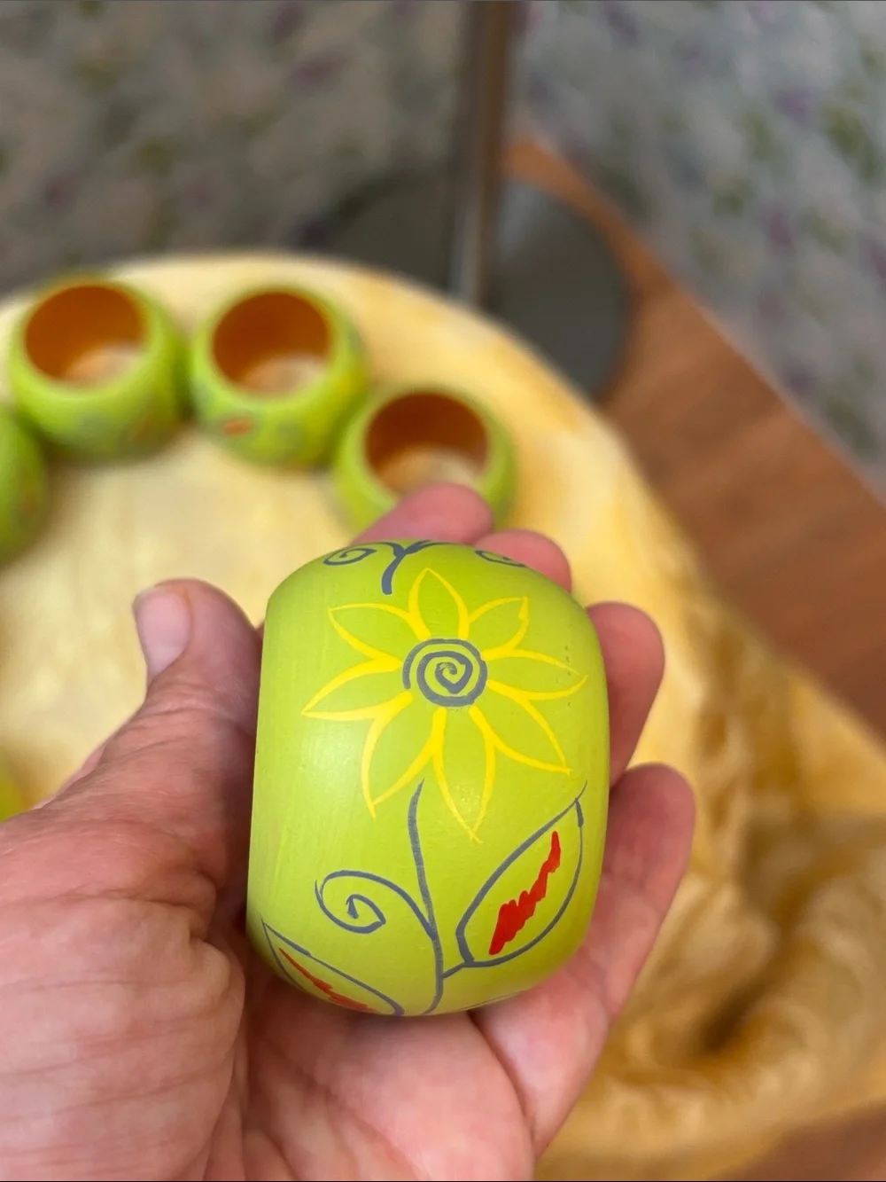 Vintage Folk Art Hand-Painted Lime Green Wooden Napkin Rings.